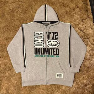 Vintage Y2K Ecko UNLTD Full Zip Hoodie Graffiti Skater Grunge Zip-Up Grey XLarge